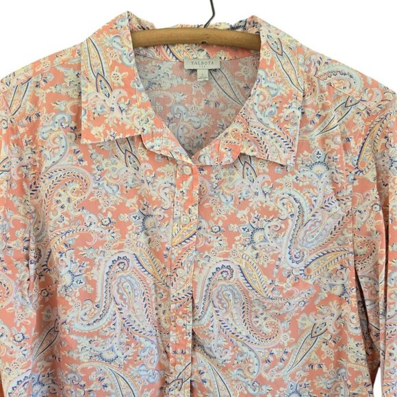 Talbots Womens Large Peach & Blue Paisley Button-Up Shirt Roll Tab Sleeves - Picture 4 of 8